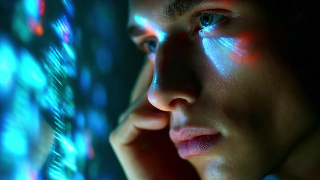 A Deep Reflection: Contemplating Life's Mysteries While Bathed in Colorful Light Patterns, a Young Man Gazes Thoughtfully, Lost in His Thoughts Amidst a Stunning Visual Display of Dynamic Light Effects