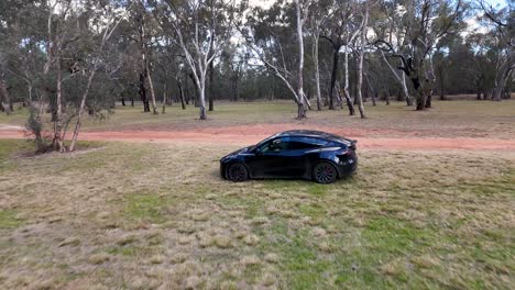 a black electric crossover vehicle travels across grassy terrain toward a dirt road, surrounded by eucalyptus trees in natural daylight with smooth camera tracking