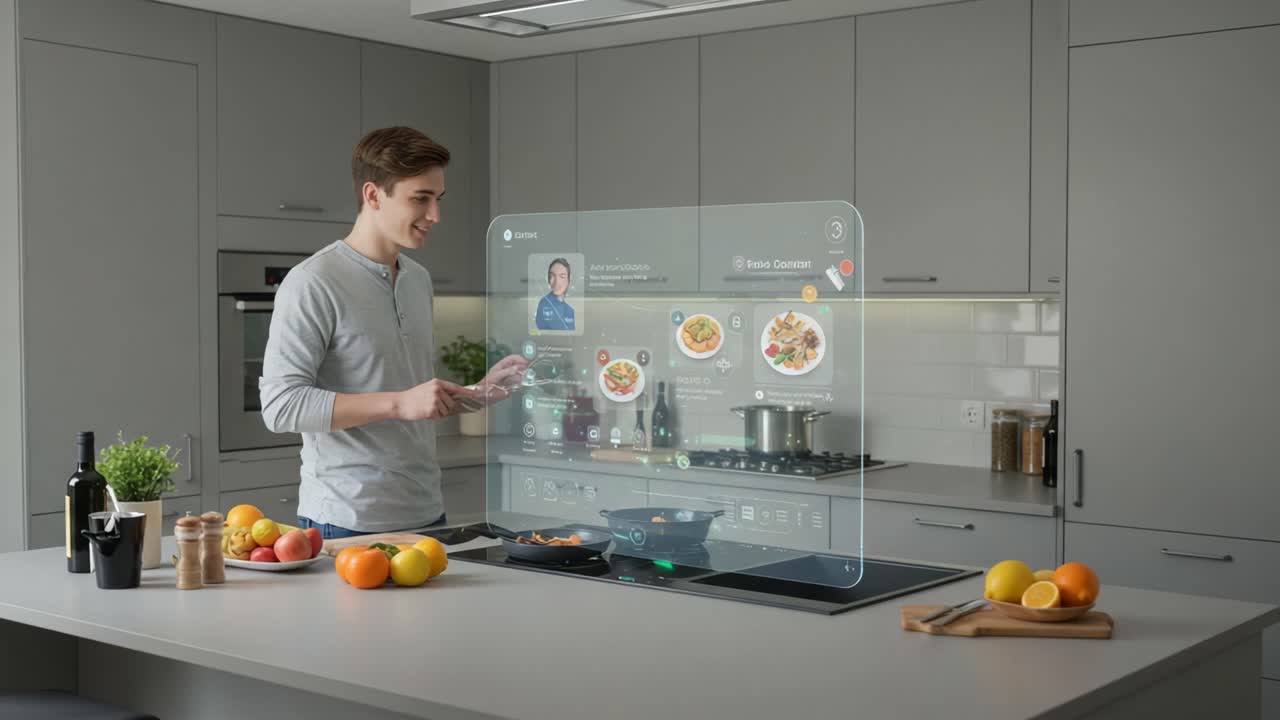 A modern kitchen scene showcasing a young man cooking with advanced technology, using a holographic interface to access recipes and ingredients while preparing a meal