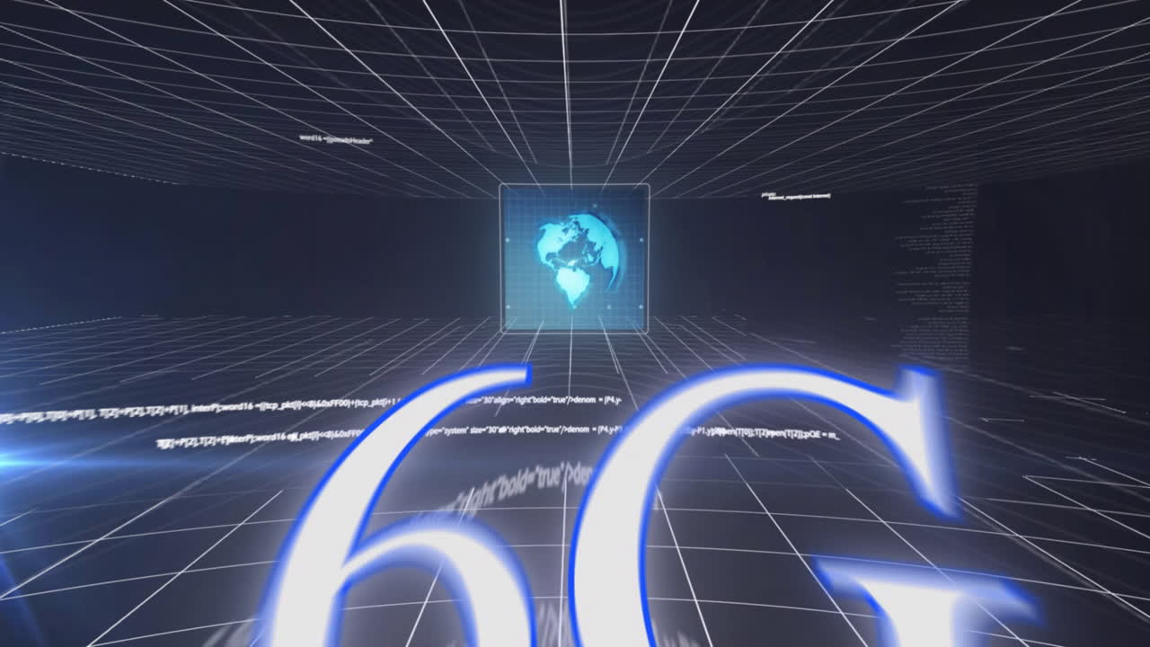 어두운 배경에서 6g 텍스트 및 데이터 처리의 애니메이션