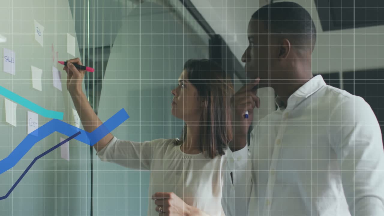 Animation of financial data processing over diverse business people in office
