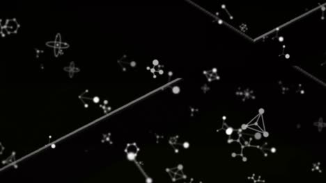 Digital-animation-of-molecular-structures-floating-against-white-lines-on-black-background