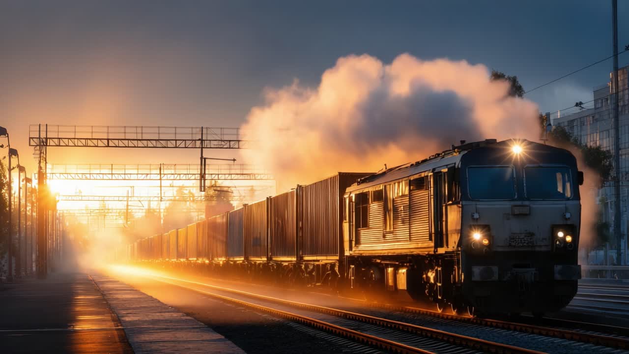 Majestic Train Journey: A Freight Locomotive Glides Through a Sunrise Fog, Illuminating the Tracks with Warm Light and Creating a Stunning Visual Effect Amidst Cargo Containers