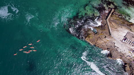 top down view of bright kayaks paddling away from rocky coastline