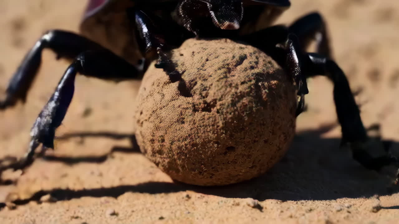 Dung Beetle Rolling a Ball in Desert