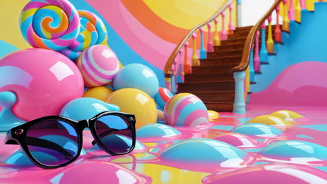 whimsical candy land scene with melting colors and sunglasses