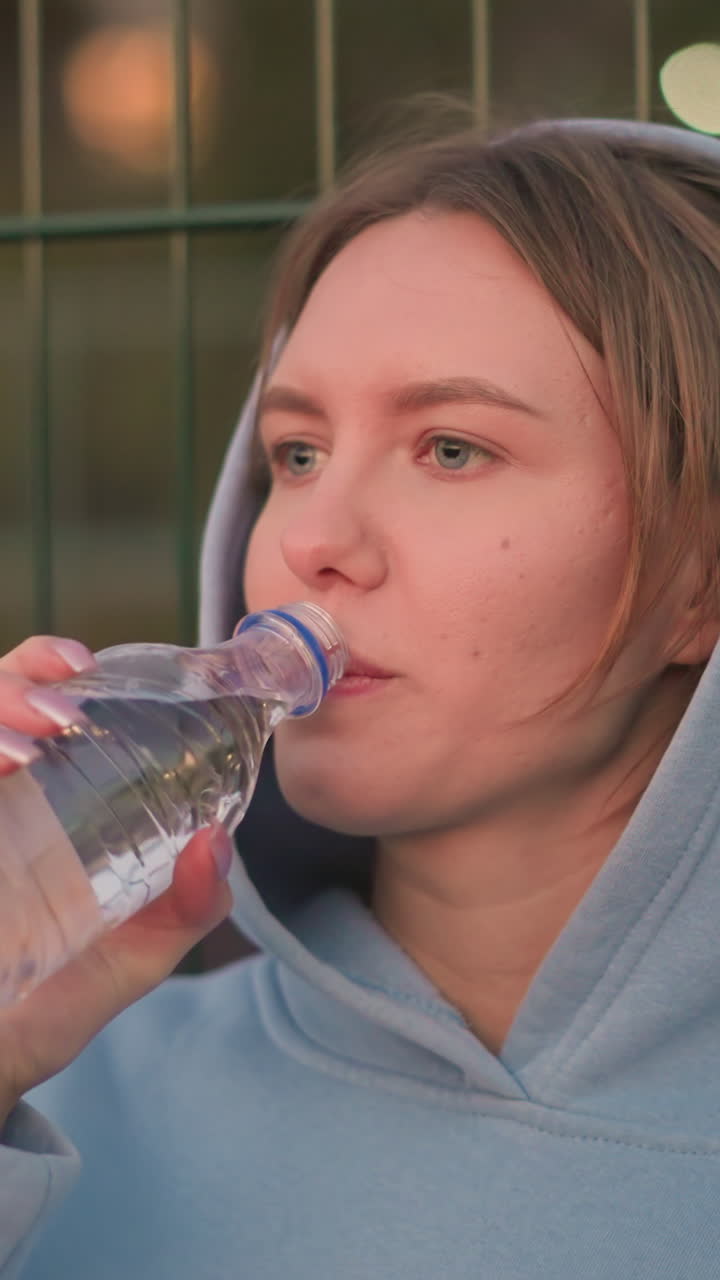 시안색 후디를 입은 젊은 여성은 병에서 물을 마시며 수분을 공급합니다. 바 울타리 배경이 흐릿한 야외에 앉아 운동 후 평화로운 회복 순간을 포착합니다.