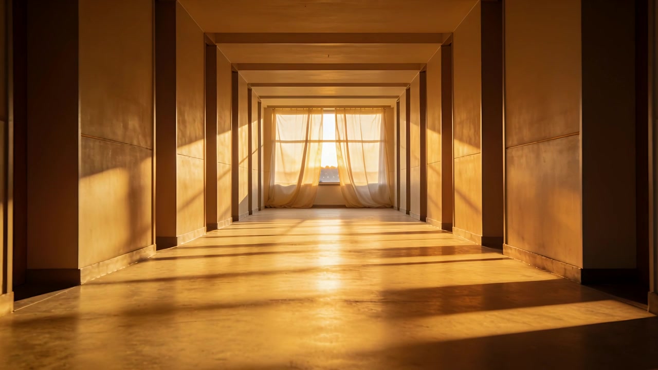 Luce solare mutevole che riempie un lungo corridoio in una galleria, spostando una tenda trasparente e mostrando un oggetto su un davanzale basso.