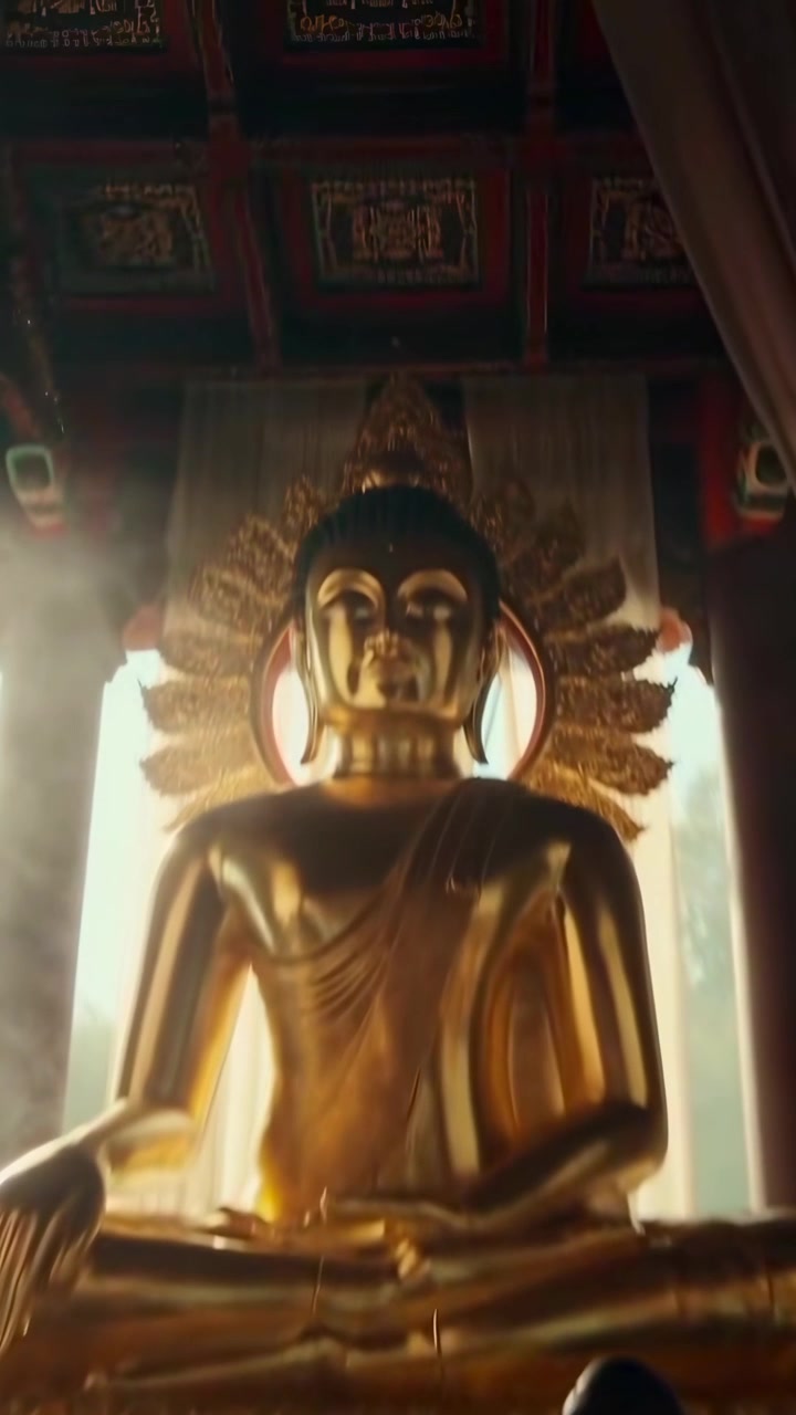 Statua dorata di Buddha illuminata dal sole con fumo di incenso che sale in un tempio