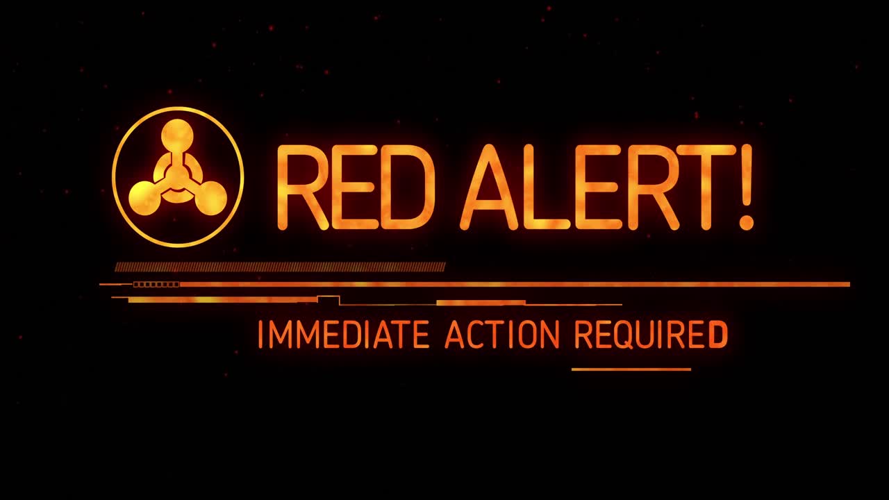animación del signo de alerta rojo y el texto sobre fondo negro