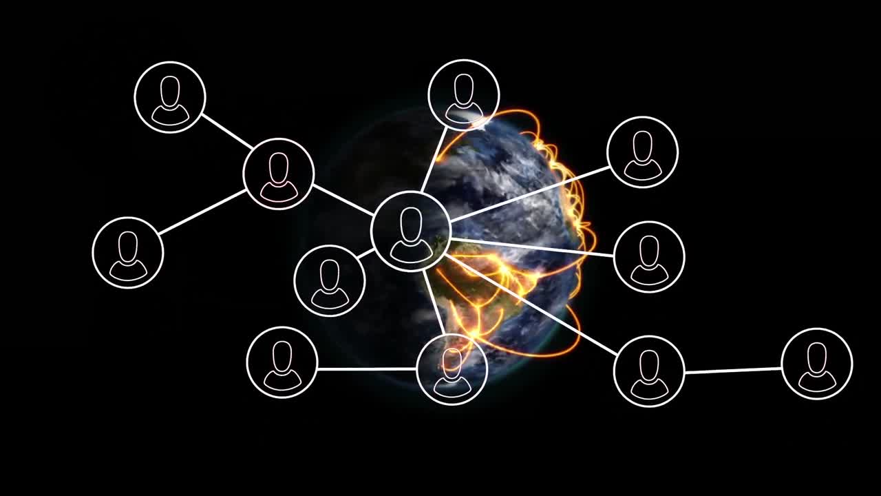 Animation of network of profile icons against light trails over spinning globe on black background