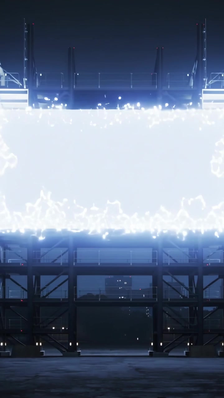Vertikal video: Pulserende energifelt udsender gnister over natlig havneplatform med stillads.