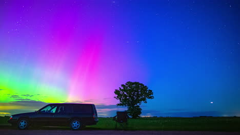 Aurora Borealis Night Sky with Car, Observer, and Light Streaks