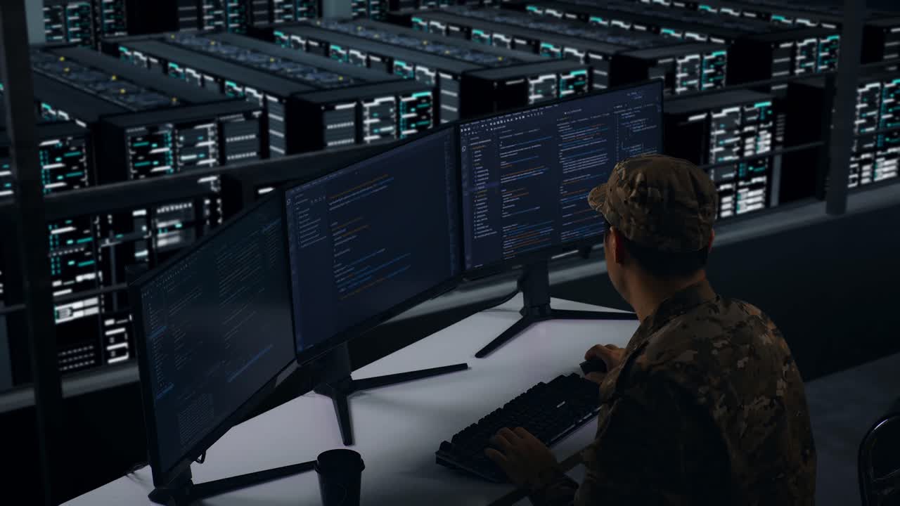 Side View Of Asian Military Having Headache While Write Code With Multiple Computer Screens In Data Center