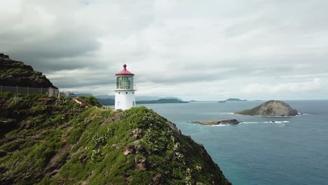 la toma de un dron comienza a girar alrededor del faro de makapu'u, revelando los acantilados que lo rodean y las ciudades a lo lejos.
