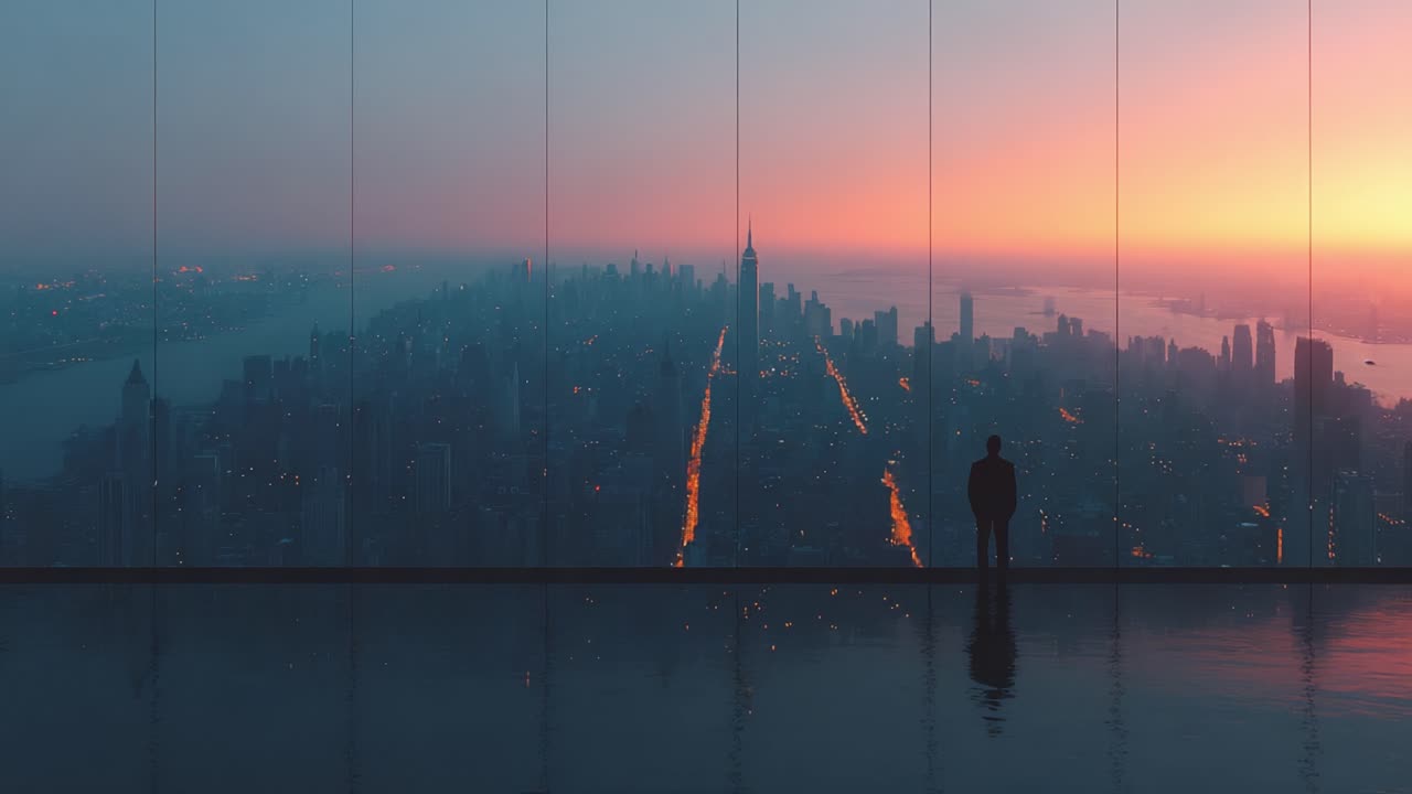 A Contemplative Silhouette Against a Stunning Urban Skyline at Dusk, Capturing the Essence of Reflection and Serenity in an Expansive City View