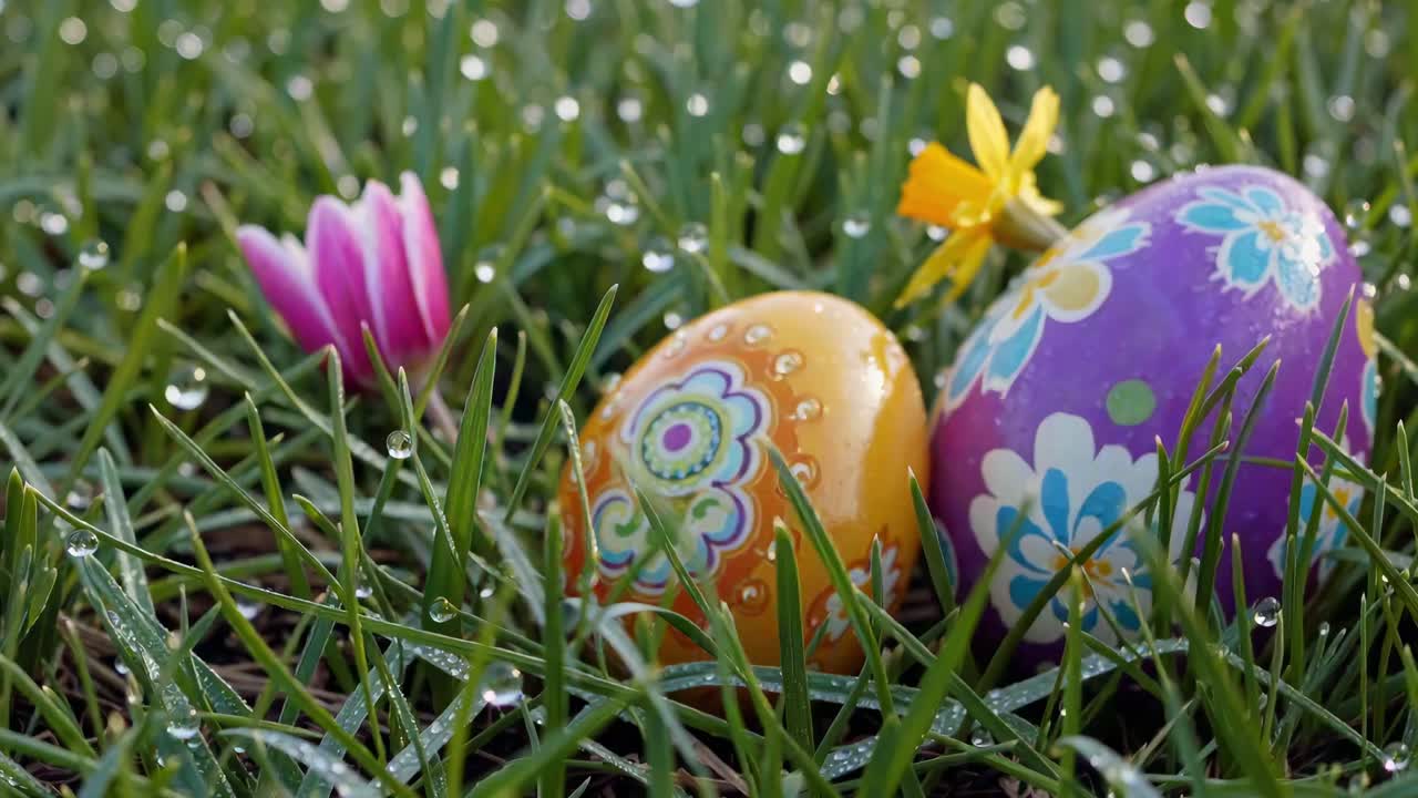 Pastel colored easter eggs nestling among dewy grass and blooming spring flowers, creating vibrant seasonal freshness and festive natural beauty