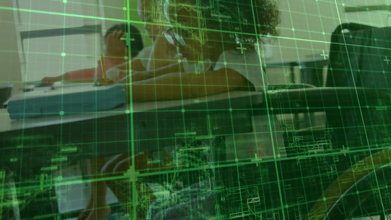 Green overlay scanning wheelchair revealing frame as caregiver guiding child in education workbook