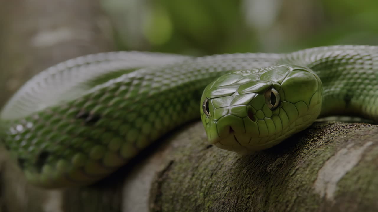 Primo piano di un serpente verde che riposa su un ramo d'albero