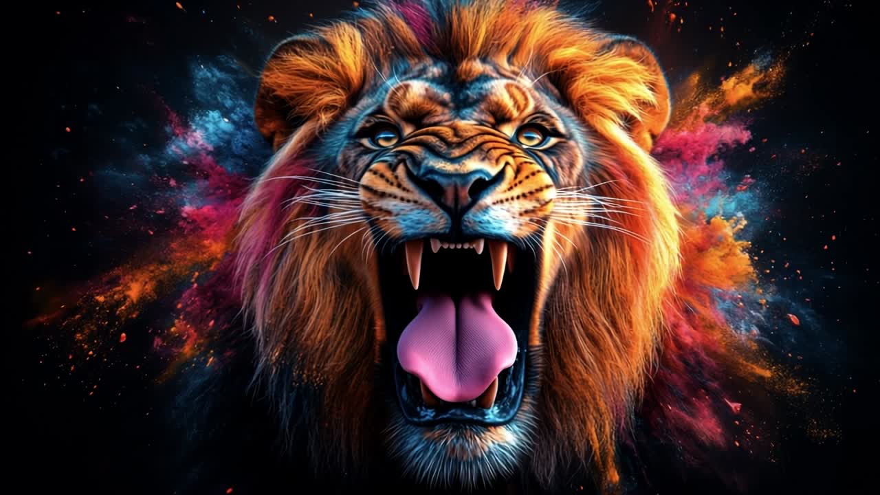 Vibrant lion roars in dark. A roaring lion with vibrant colors against a dark background showcases its majestic power.