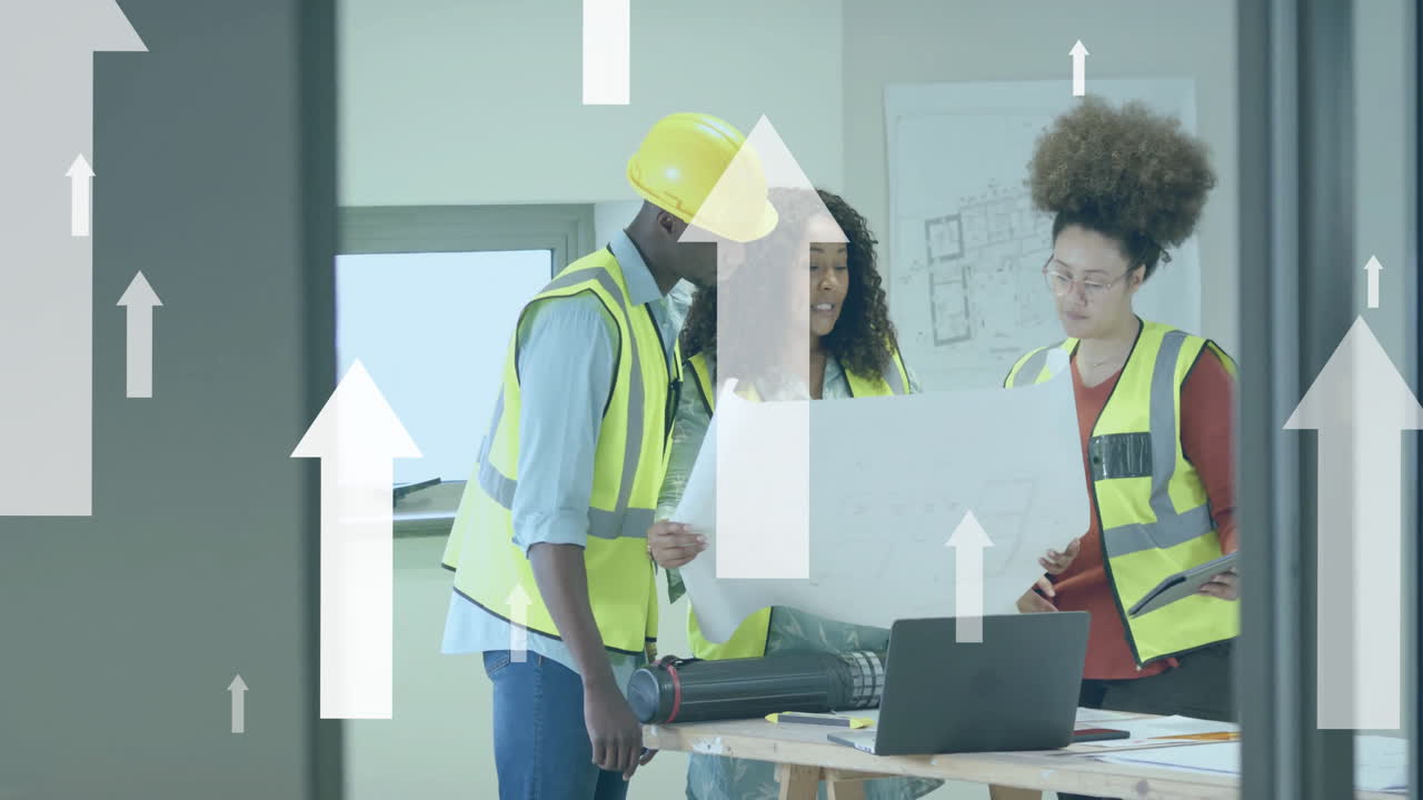 Animation of data processing over diverse engineers in hi vis vests