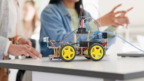 hands, robotics classroom and students at school