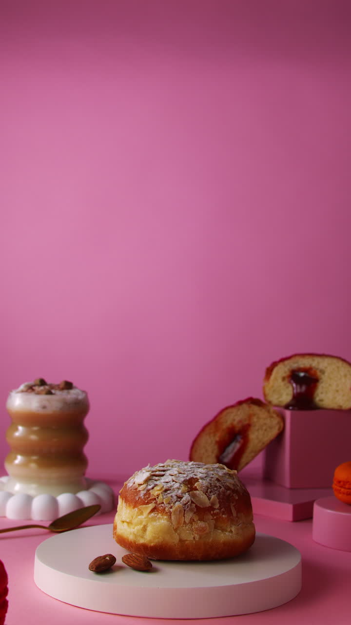 Close-up of a woman’s hand gently placing an almond-topped Berliner donut onto a round display platform. Soft pastel setup includes macarons, almonds, latte glass, and golden spoon for visual balance
