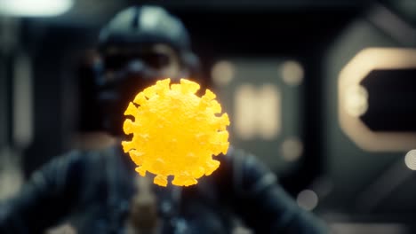 woman in protective medical mask on her face looking at covid-19 coronavirus