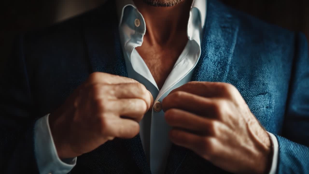 Tampilan jarak dekat seorang pria yang dengan elegan merapikan kerah kemejanya, menunjukkan kepercayaan diri dan gaya saat ia bersiap untuk acara khusus dengan setelan jas pas badan dan busana formal