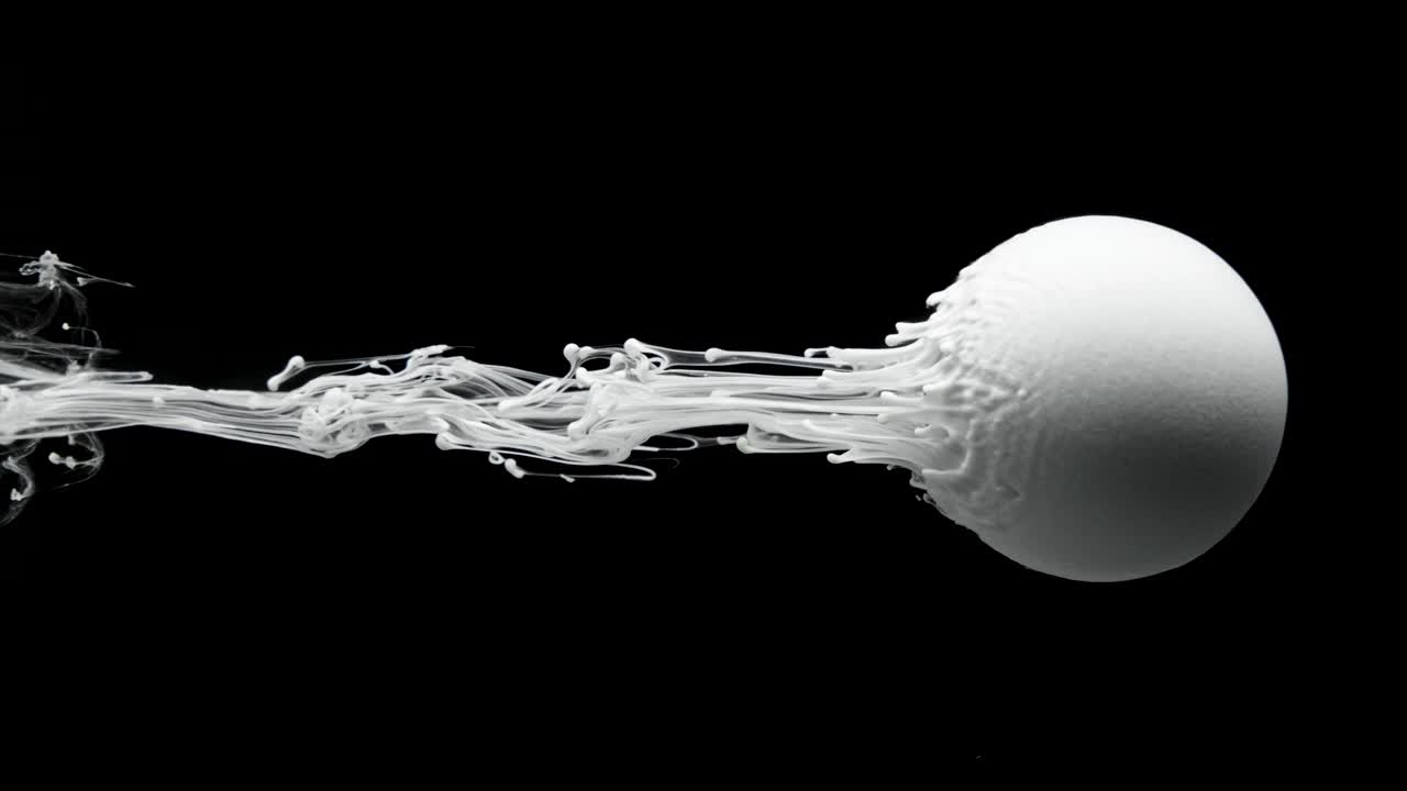 다채로운 잉크 페인트가 천천히 공에서 흘러나옵니다.