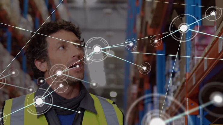 Animation of network of connections with icons over caucasian male warehouse worker
