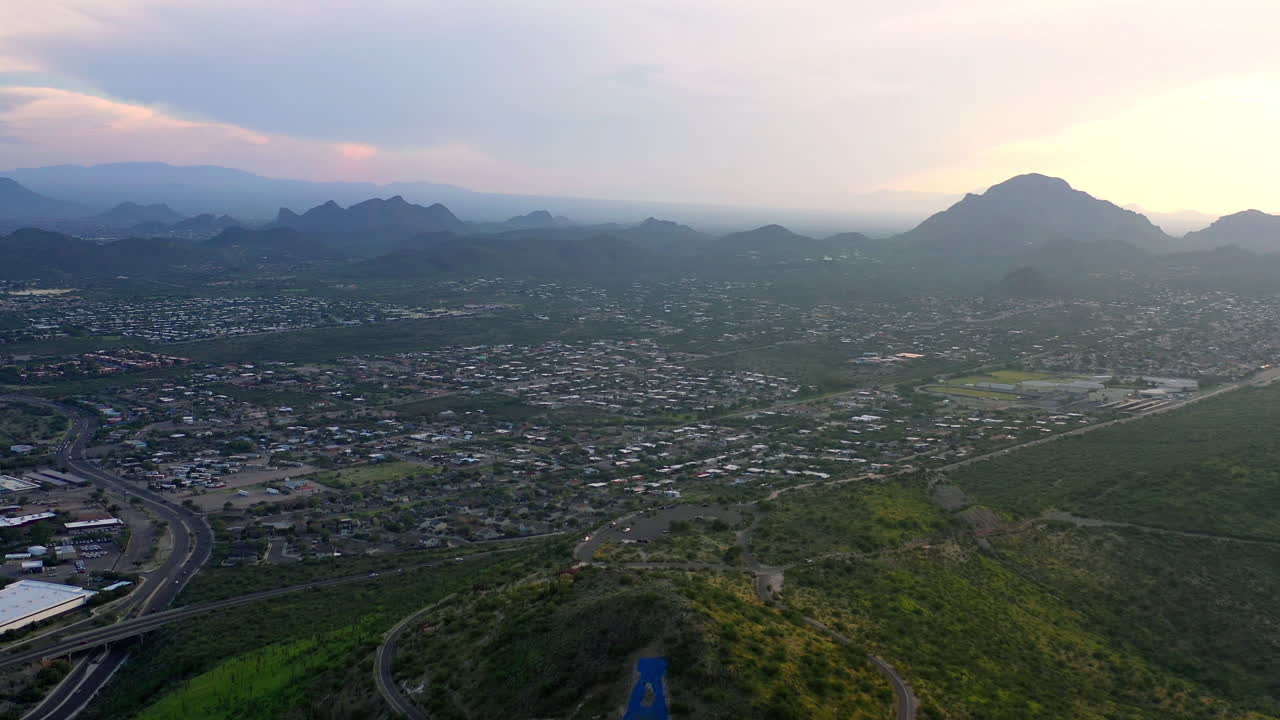 Aerial of Sentinel Peak and green mountains after monsoon rain - Tucson, Arizona