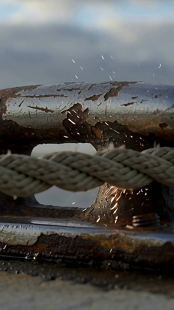 Vertical video: Showing metal cleat and braided rope shifting after sparks on deck, revealing nut