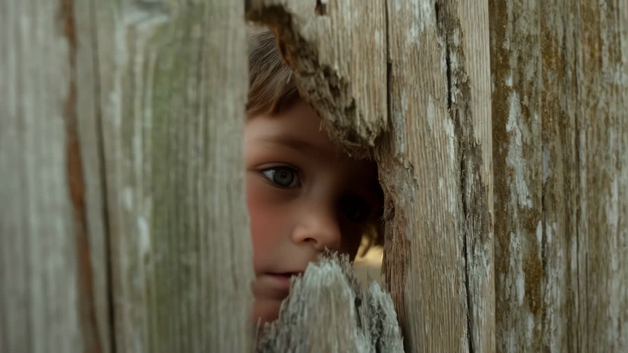 Curious Child Peeking Through a Hole in a Weathered Wooden Fence