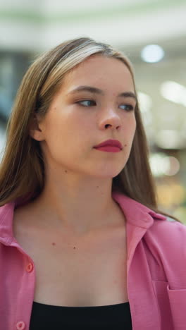 dama en vestido rosa con bolso negro intensamente enfocado en el uso de la pantalla en el centro comercial bien iluminado, el fondo cuenta con luces borrosas y escaleras mecánicas con la gente, ya que parece centrarse en la tarea