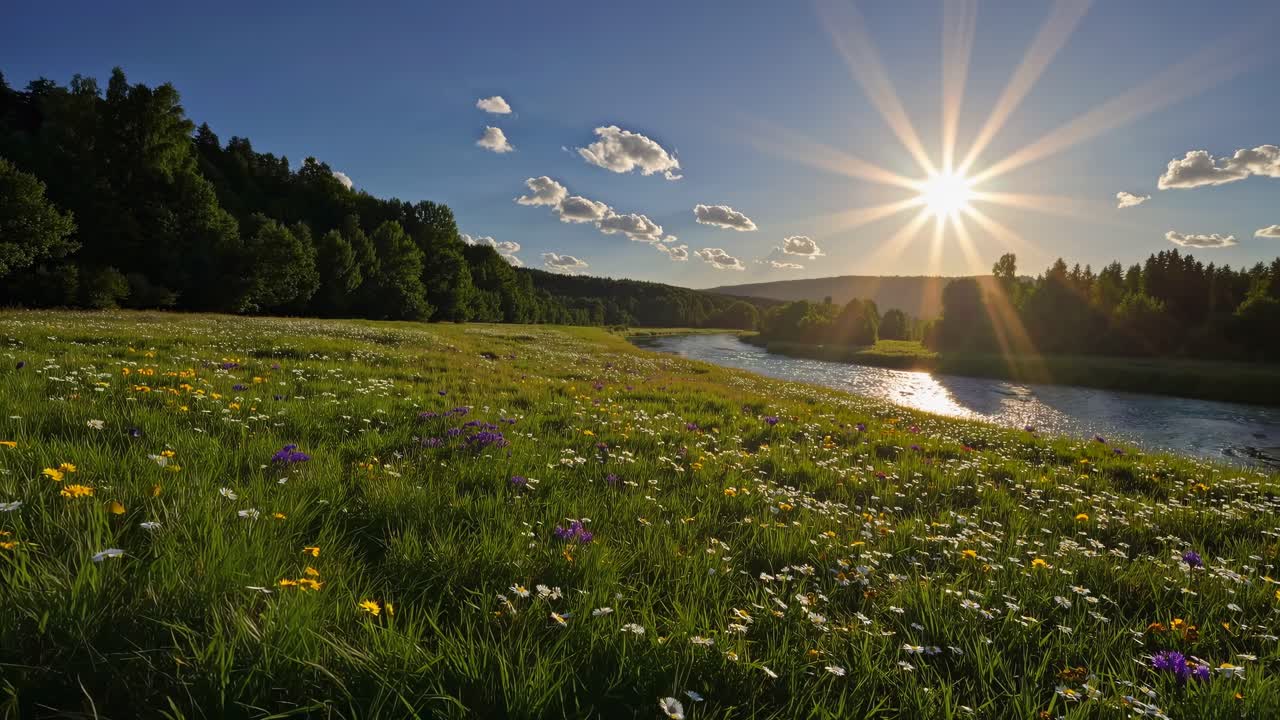 A serene landscape video captures a low-angle view of a sunlit meadow with wildflowers, a river
