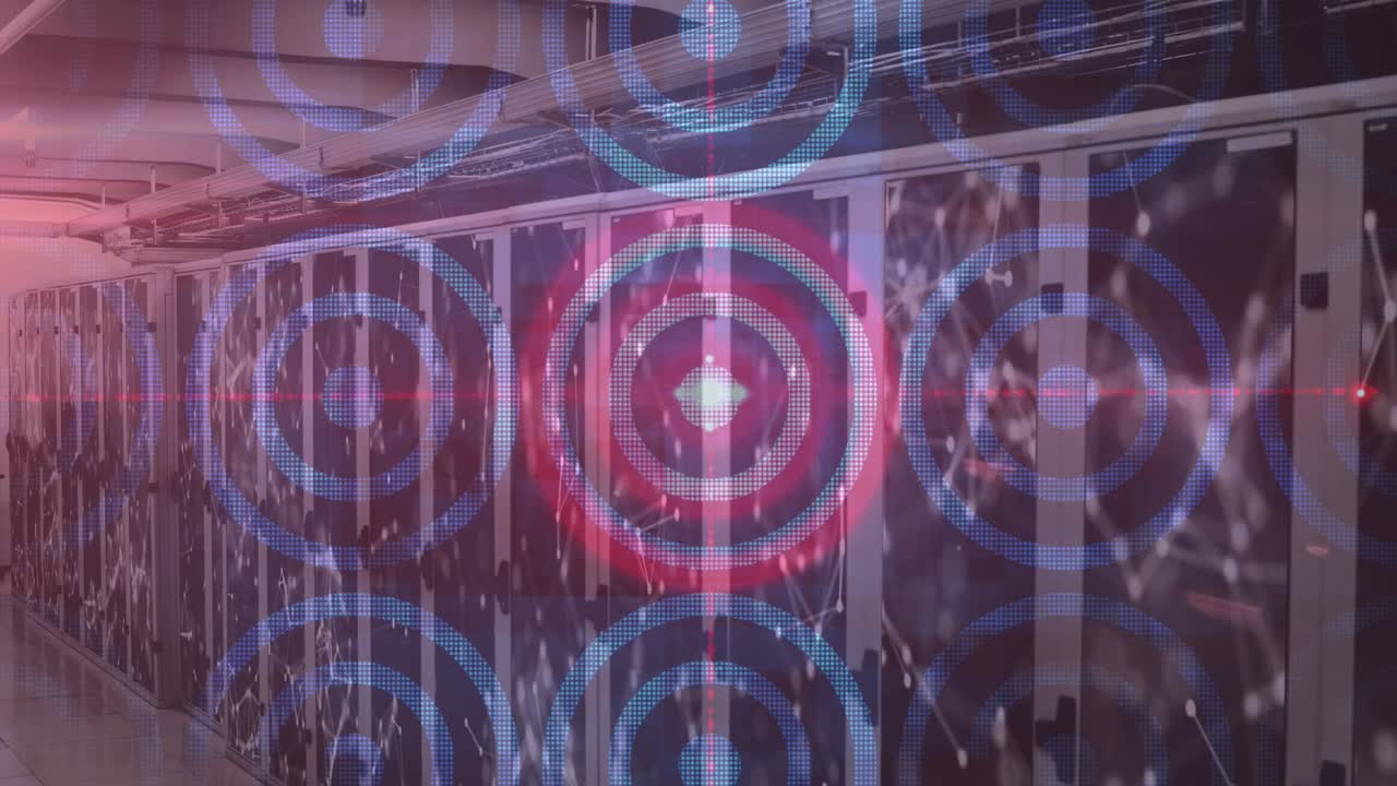 animación de múltiples círculos blancos y rojos sobre una sala de servidor vacía