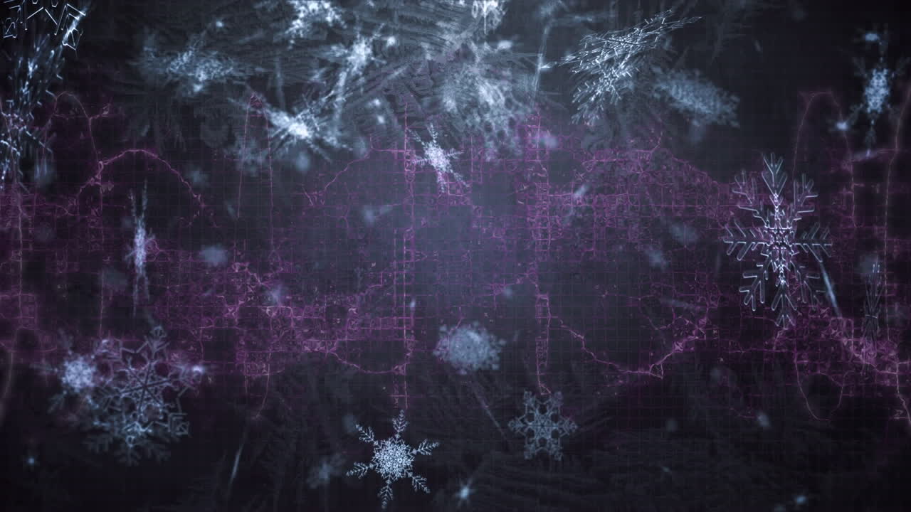 검은 바탕에 보라색 디지털 파도에 맞서 떨어지는 눈송이 아이콘의 디지털 애니메이션