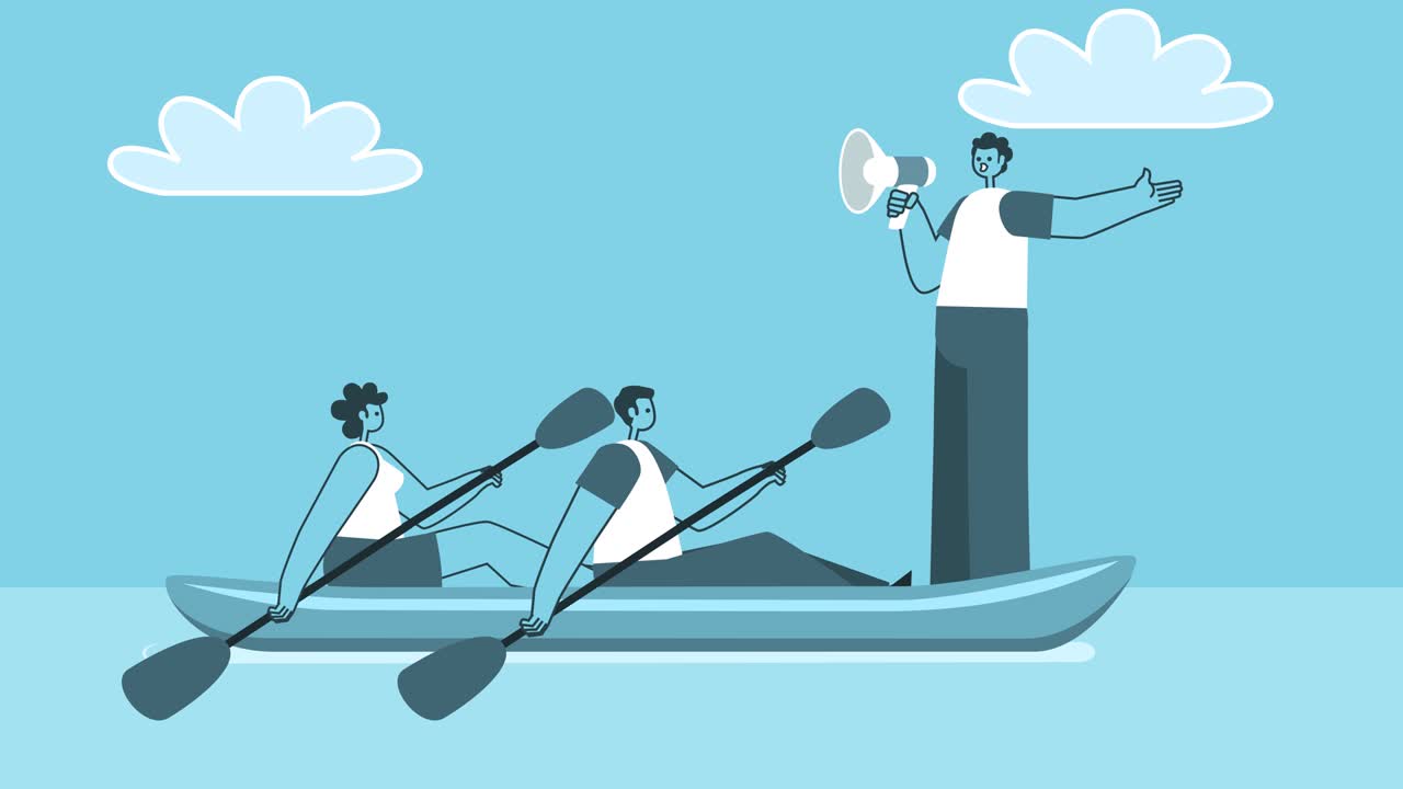 라우드 스피커를 가진 만화 남자가 종이 선박에서 rowing 팀을 이끌고, 팀워크 비즈니스 개념, 평평한 디자인, 2d 캐릭터, 고립 루프 애니메이션, 알파 채널.