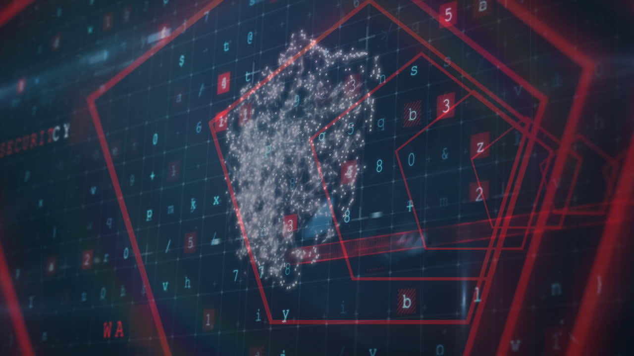 Animation of tunnel with neon shapes over data processing on black background