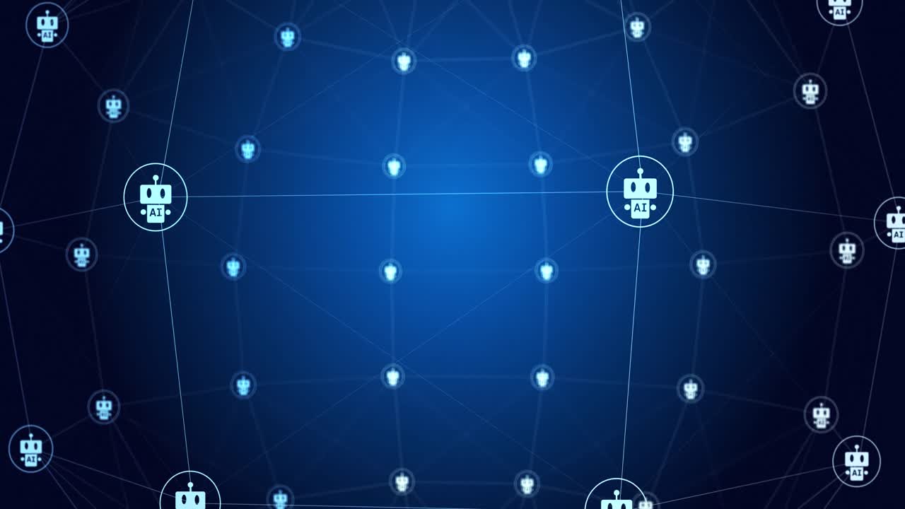 Animation of network of connections with icons on blue and black background