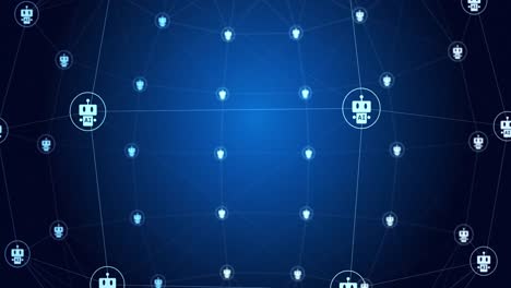 animation of network of connections with icons on blue and black background
