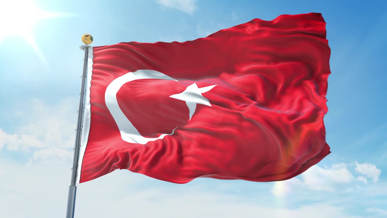 Turkey flag waving in the wind against deep blue sky. National theme, international concept. 3D Render Seamless Loop 4K