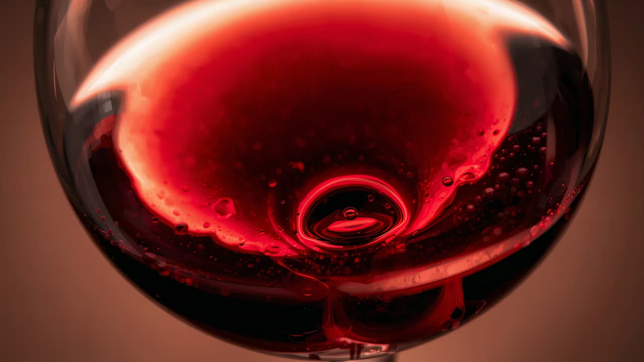 Swirling red liquid inside stem glass, agitation forming vortex at bar with bubbles and highlights