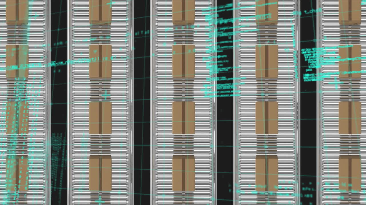 컨베이어 벨트에 있는 여러 배달 상자의 오버헤드 뷰에 대한 데이터 처리