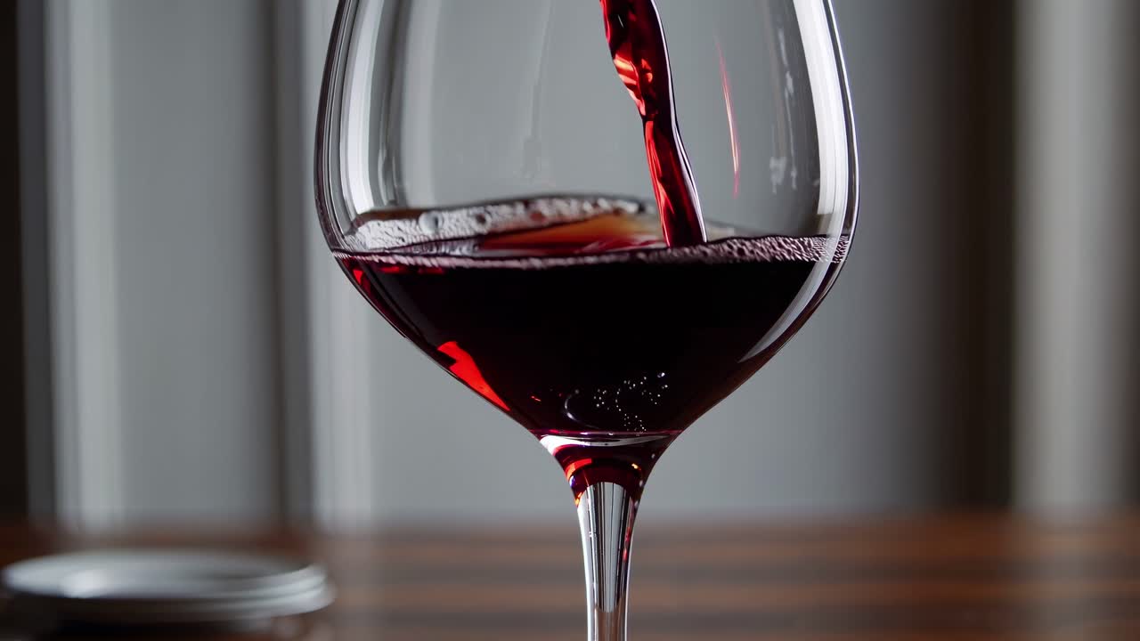 Close-up video of red wine being poured into a glass, captured at eye level