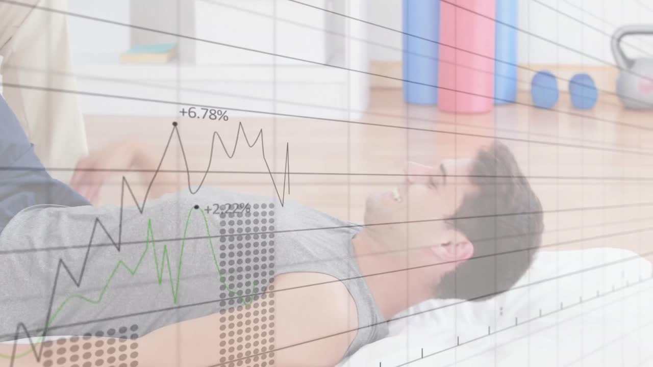 백인 물리치료사에 대한 그래프와 숫자의 애니메이션 치료 센터에서 사람의 다리를 는