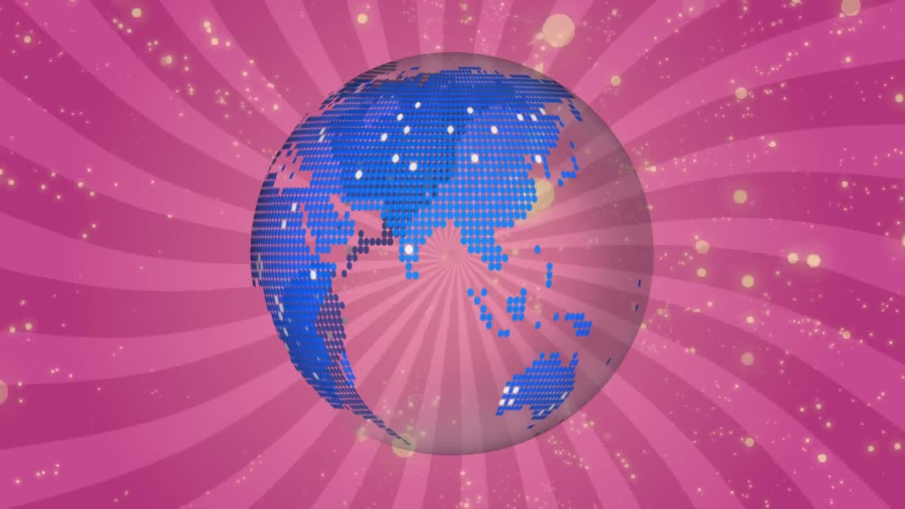 보라색 방사선 배경에 회전하는 지구 위의 노란색 반점의 애니메이션