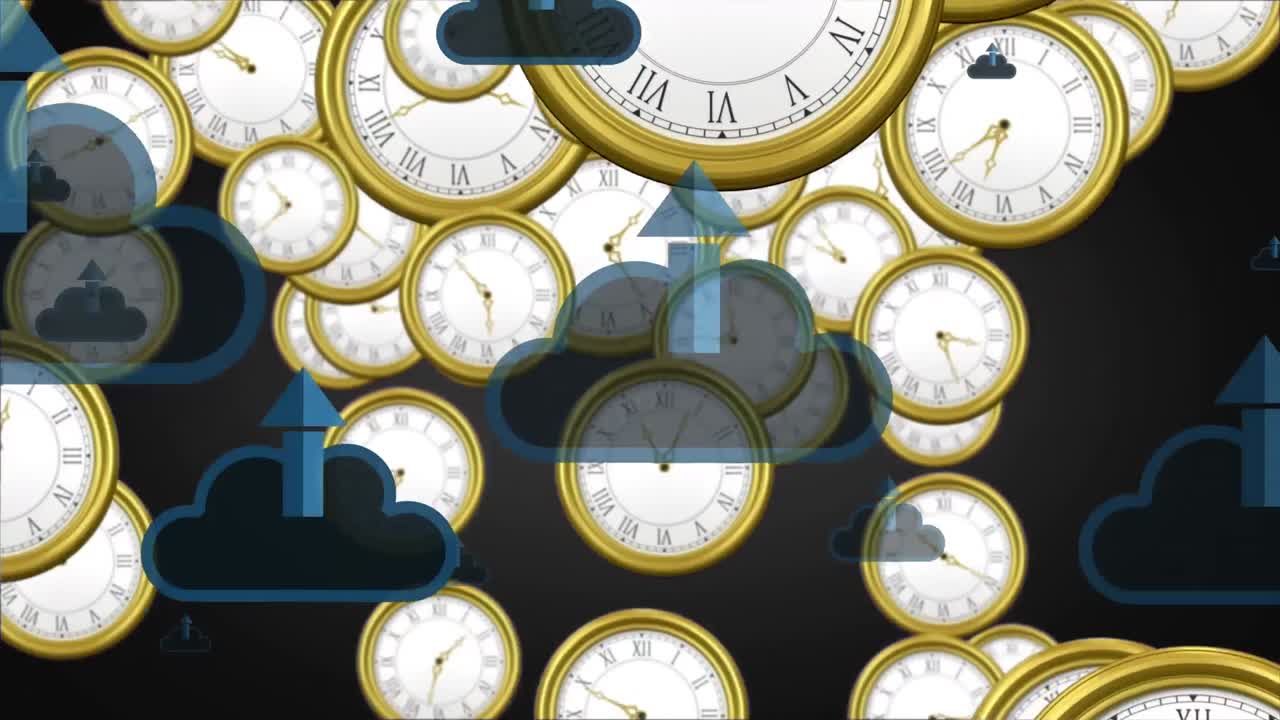 Animation of up arrows in clouds over falling clocks against black background