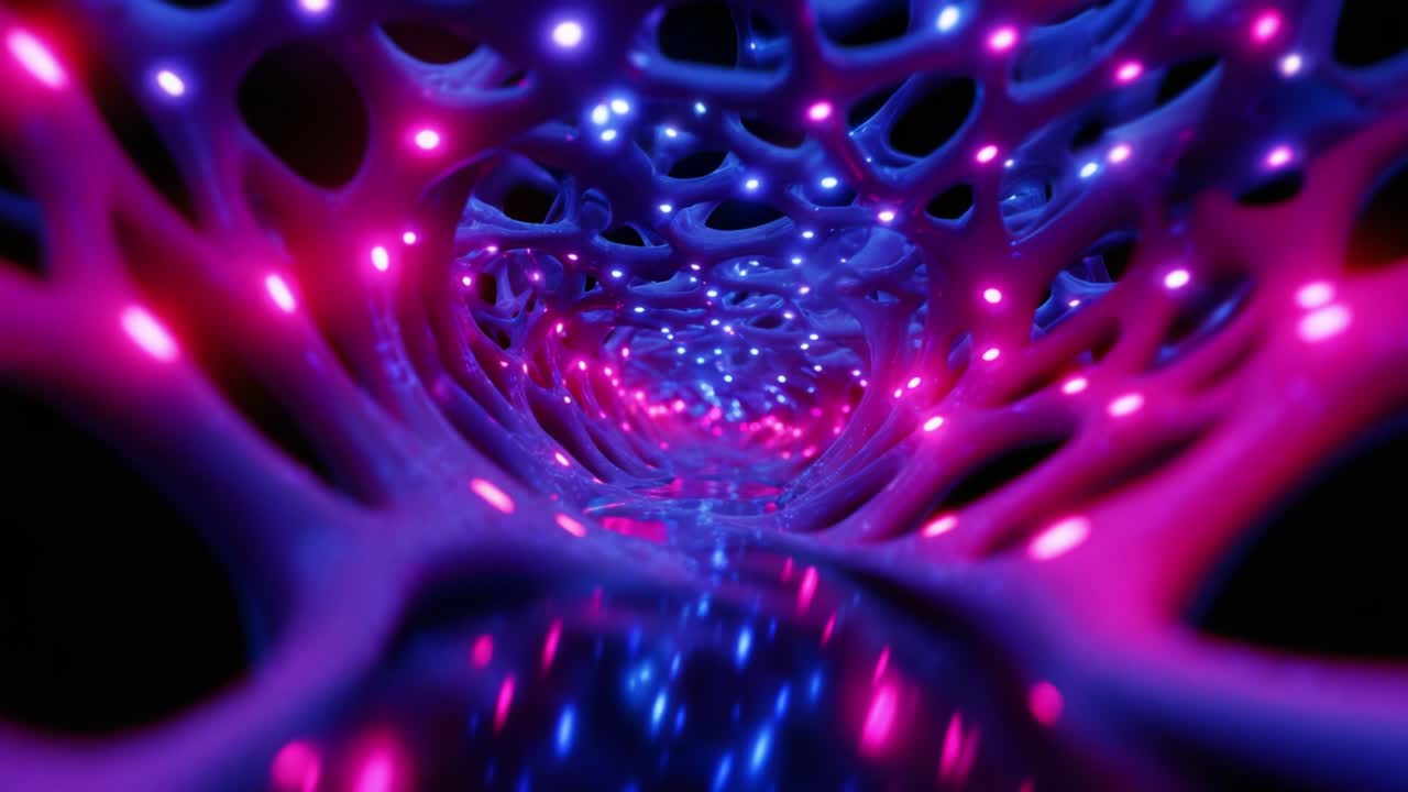Perjalanan Memukau Melalui Terowongan Neon Abstrak, Menampilkan Pola Cahaya dan Warna yang Rumit. Komposisi visual ini memadukan bentuk organik dengan rona warna cerah, menciptakan suasana yang mempesona